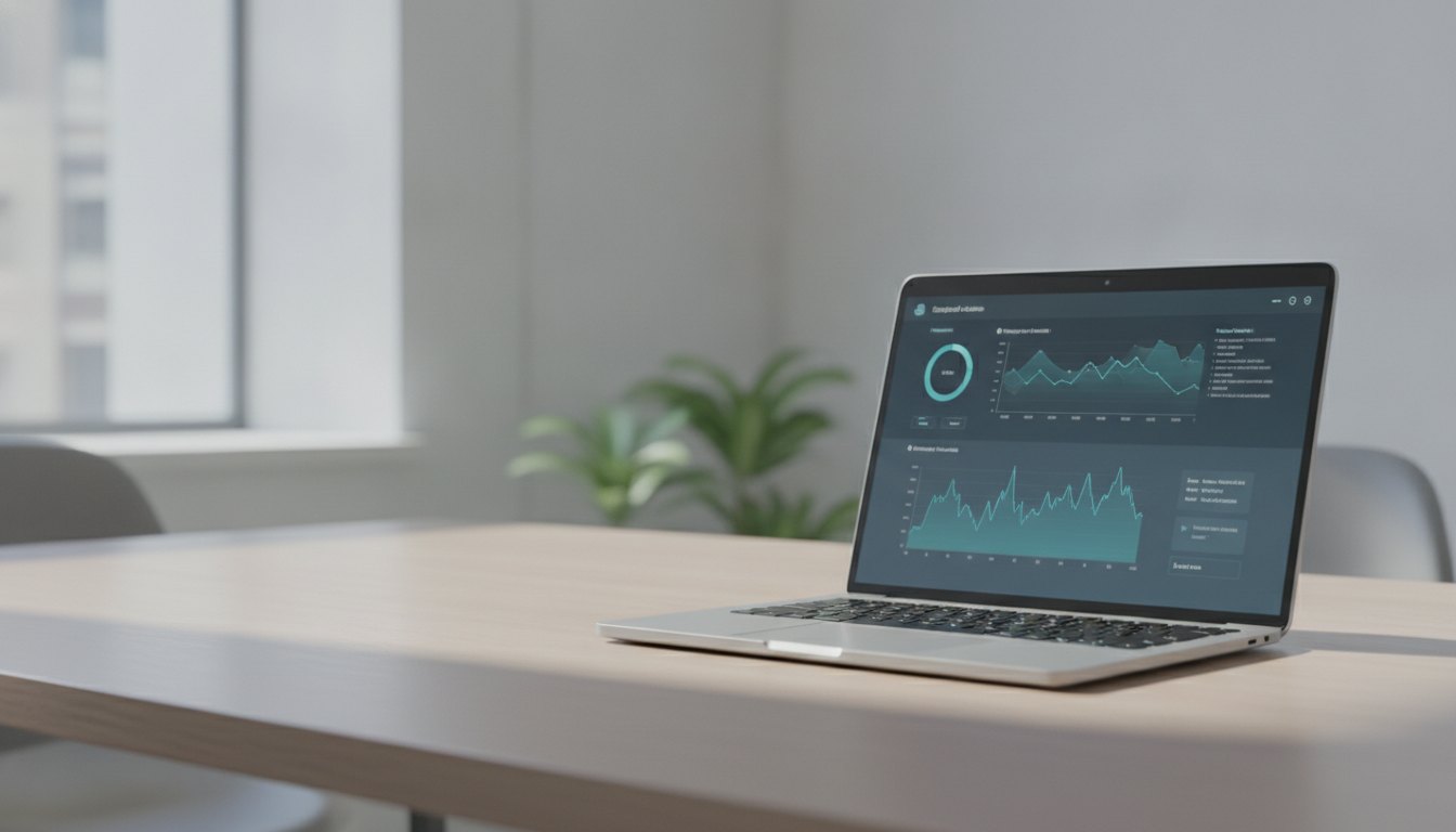 Pessoa digitando em um notebook prateado com gráficos na tela em um escritório iluminado