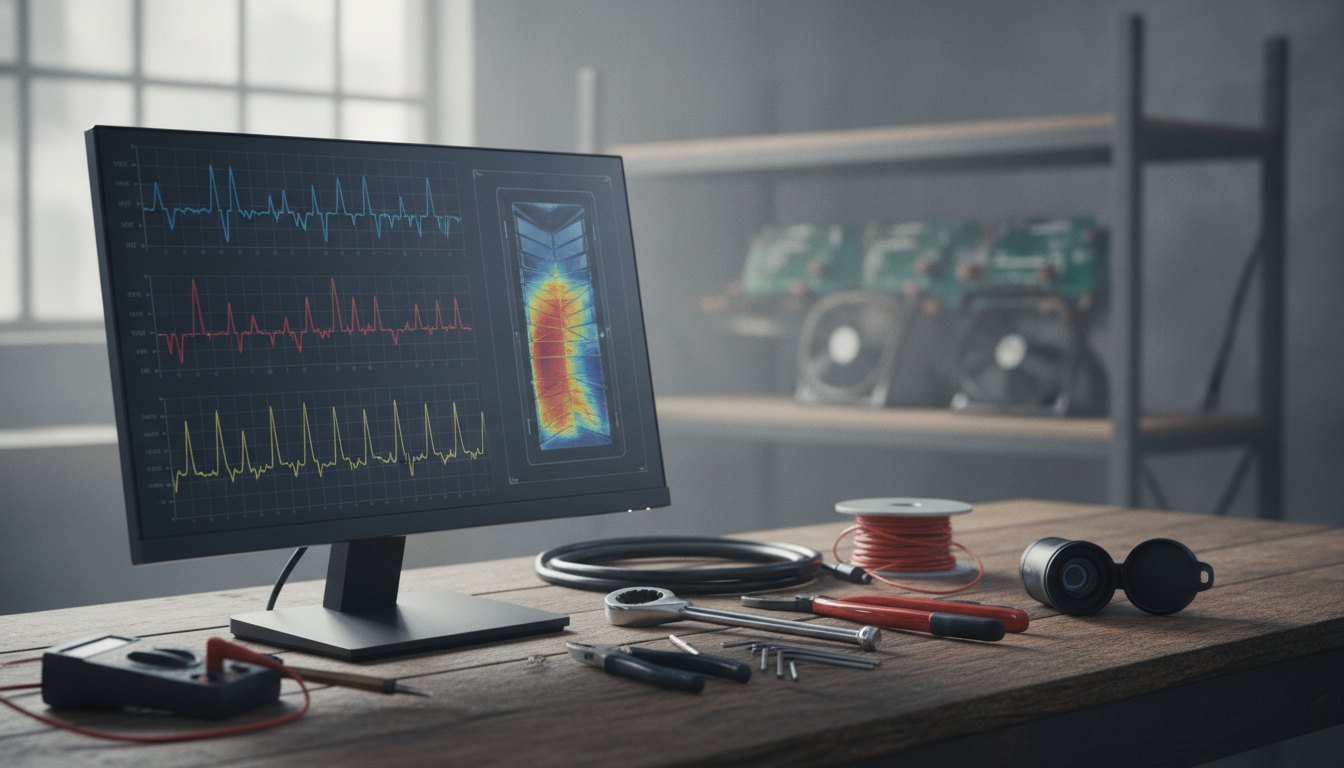 Tela de computador exibindo gráficos de temperatura ao lado de ferramentas mecânicas de manutenção.