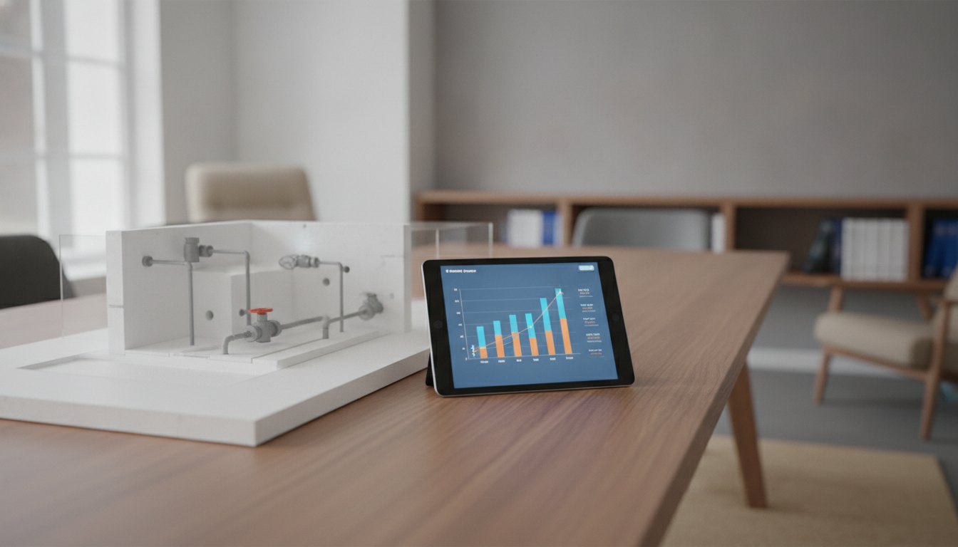Planta baixa de um edifício sobre uma mesa com um tablet exibindo gráficos ao lado.