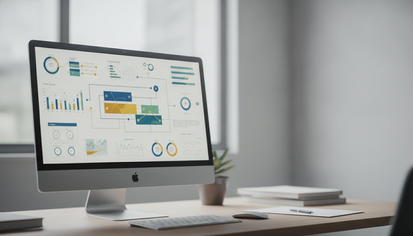 Tela de computador exibindo um painel de controle de sistema corporativo com gráficos coloridos.