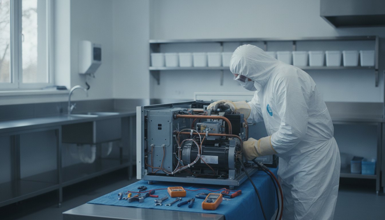 Técnico com uniforme de proteção inspecionando o motor de um refrigerador comercial em uma copa.