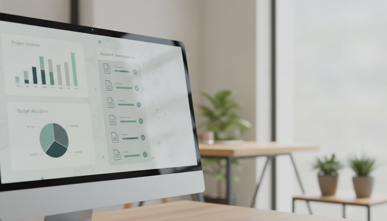 Tela de computador exibindo um painel com gráficos e lista de documentos em aprovação.