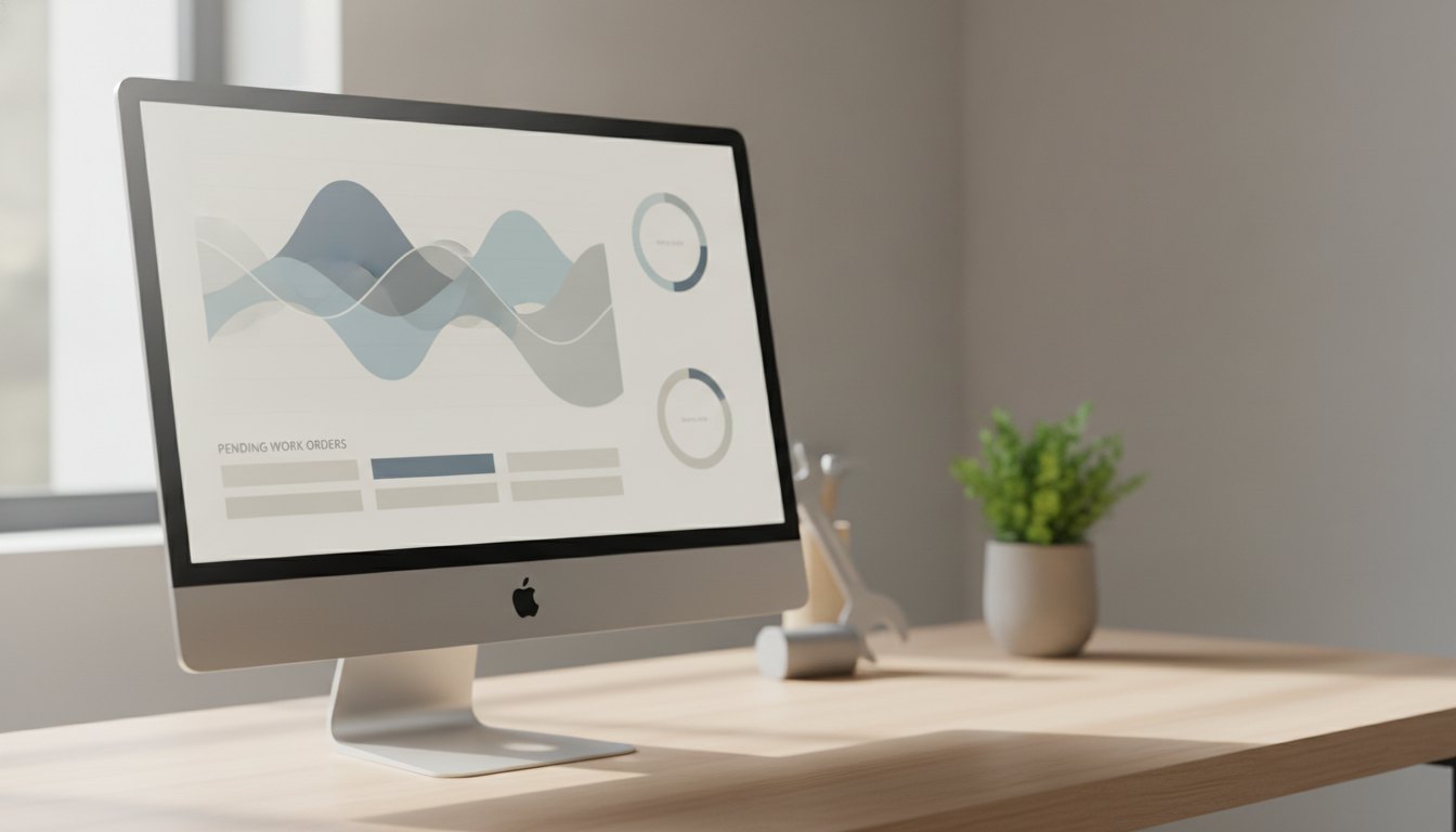 Tela de computador exibindo um painel de software corporativo com gráficos e ordens de serviço pendentes.