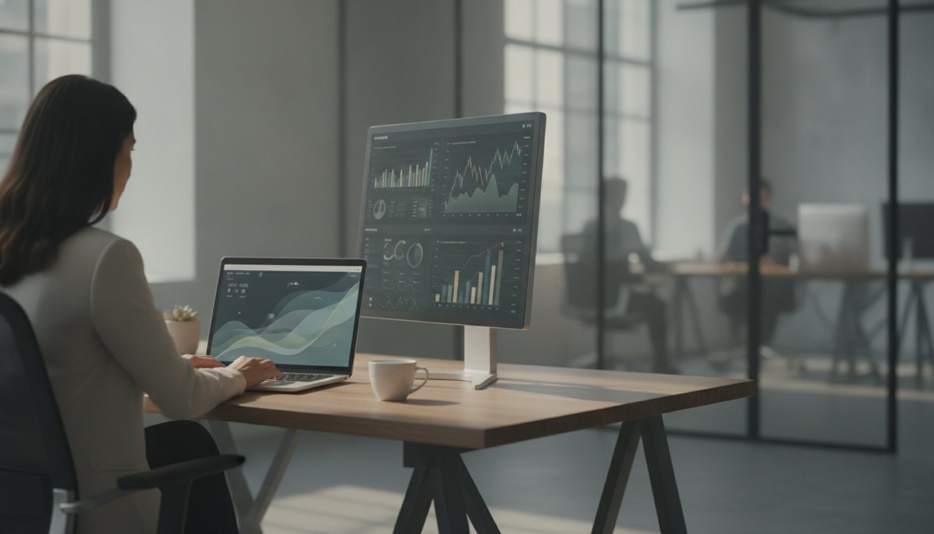 Mulher sentada em escritório digitando em notebook com gráficos exibidos em monitor secundário ao lado.