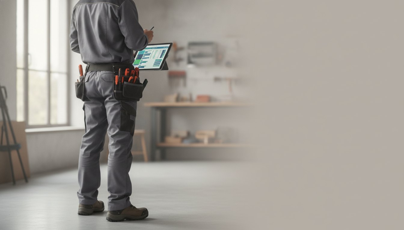Homem de uniforme em frente a um tablet exibindo tela de ordens de serviço corporativas