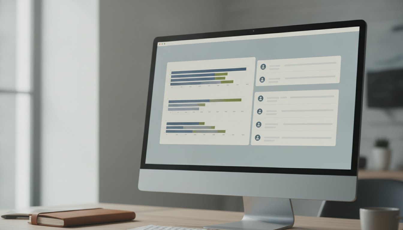 Tela de computador exibindo um painel com gráficos de barras e listas de usuários.