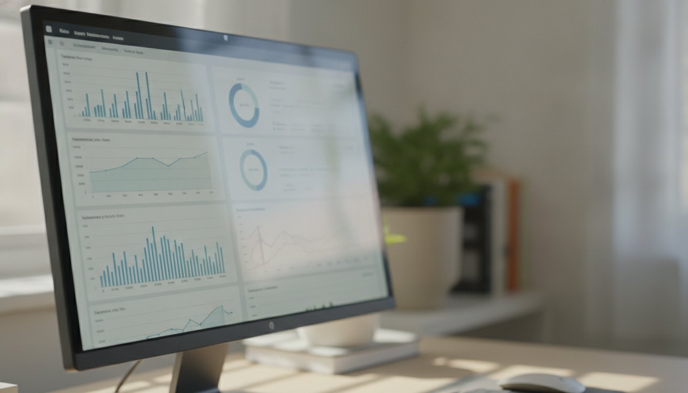 Tela de computador exibindo um painel de software de gestão com gráficos de chamados de manutenção.