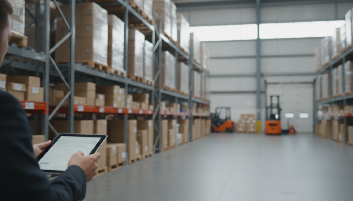 Profissional com tablet em um armazém registrando caixas empilhadas em prateleiras industriais.