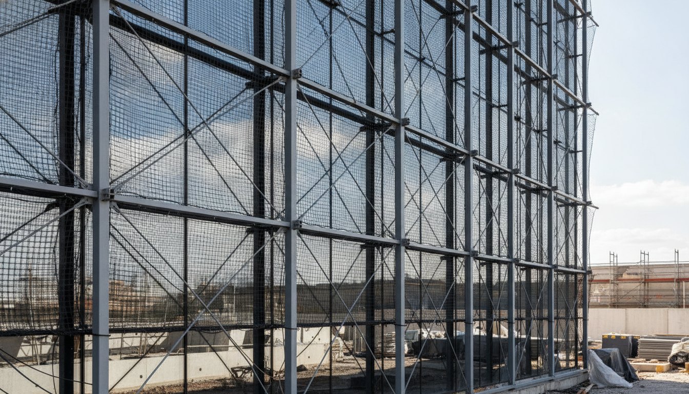 Fachada de edifício comercial espelhado com estruturas metálicas e redes de contenção instaladas nas janelas.
