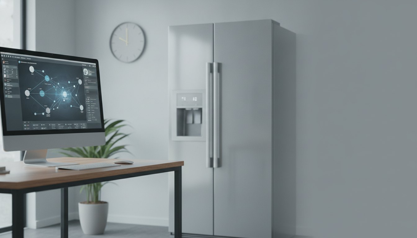 Painel de controle de software corporativo exibido na tela do computador ao lado de uma geladeira.