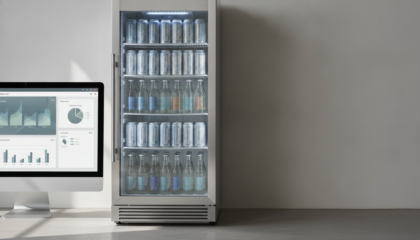 Tela de computador exibindo painel de software de gestão ao lado de refrigerador corporativo metálico.