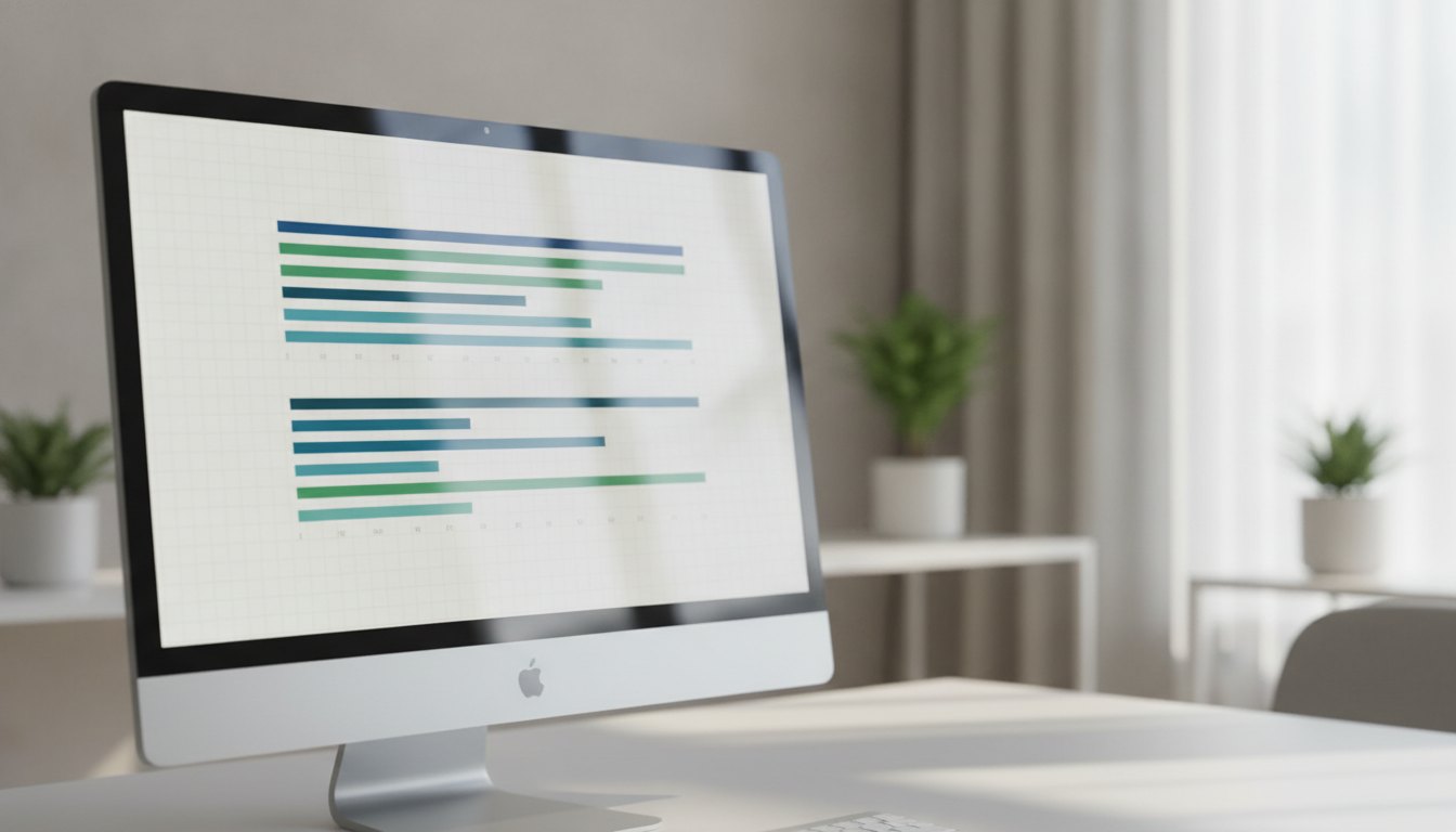 Tela de computador com sistema de gestão corporativa exibindo gráficos de barras azuis e verdes.