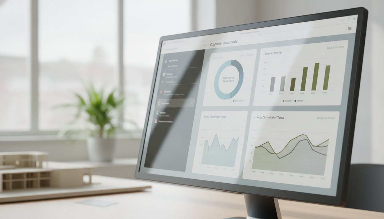 Tela de computador exibindo um painel de software corporativo com gráficos de manutenção predial.