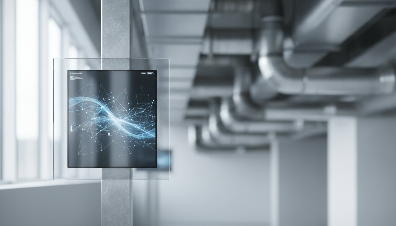 Painel digital de um sistema de automação corporativa ao lado de dutos de ar condicionado.