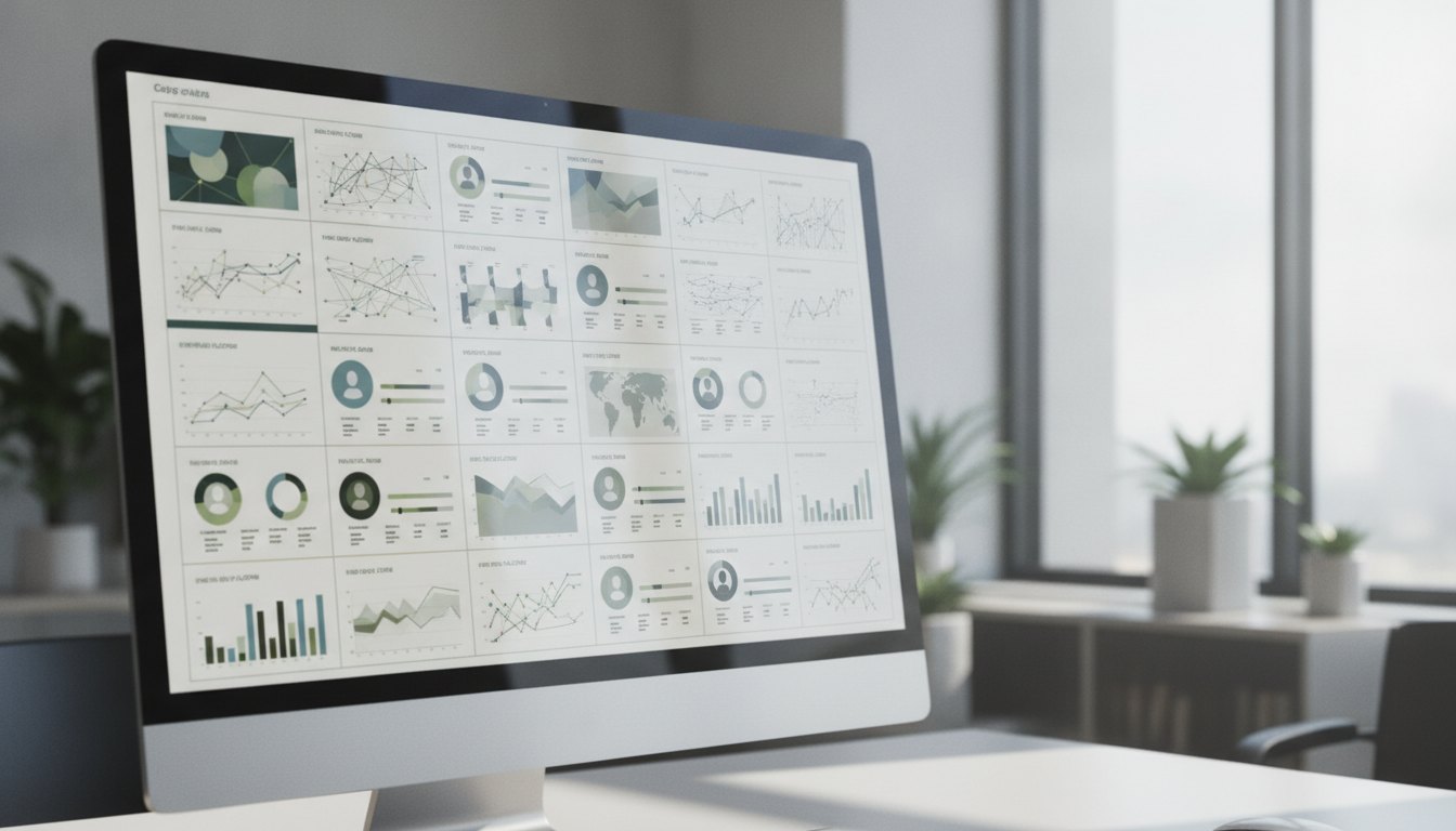 Tela de computador exibindo um painel com gráficos e perfis de vendedores organizados em colunas.