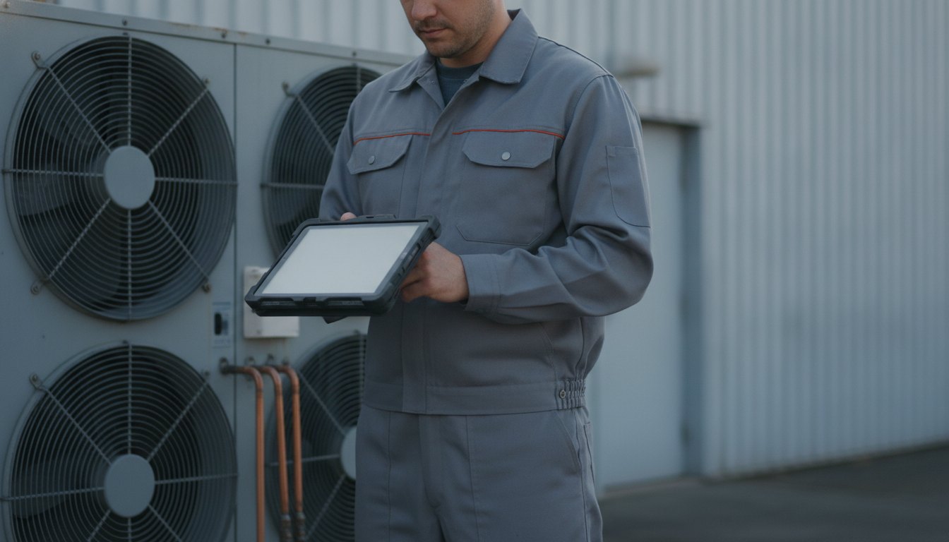 Homem uniformizado digitando em um tablet industrial em frente a uma unidade externa de ar condicionado.
