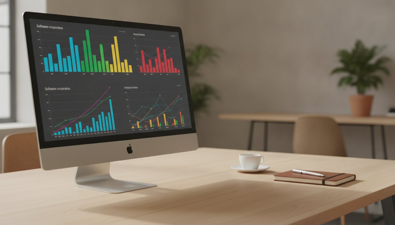 Monitor de computador exibindo gráficos de barras e linhas coloridas em uma mesa de escritório.