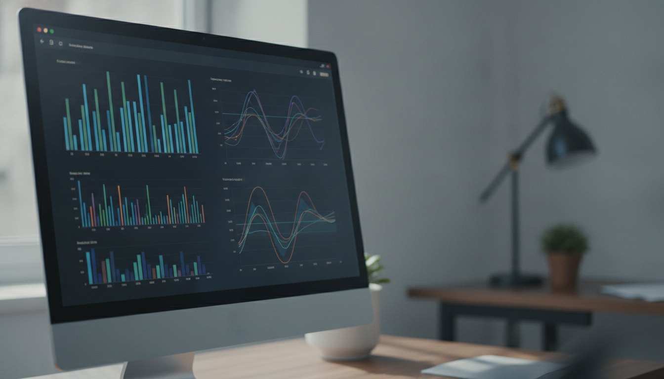 Tela de computador exibindo gráficos de barras e linhas coloridos em uma interface de software escuro.