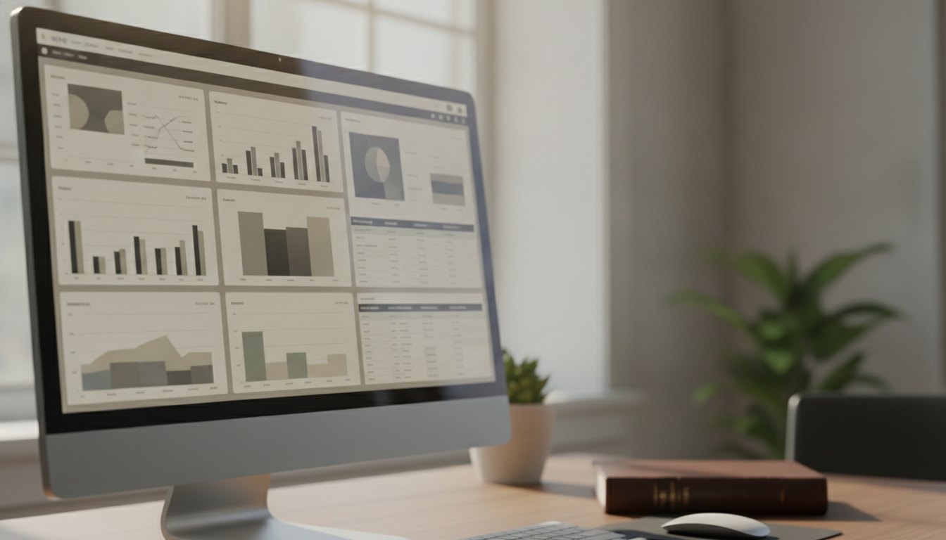Tela de computador exibindo um painel de software com gráficos de barras e tabelas de dados