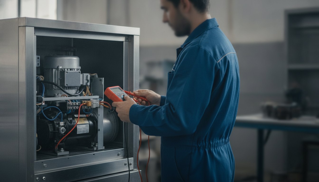 Técnico de uniforme inspeciona o motor de uma geladeira comercial prateada com um multímetro