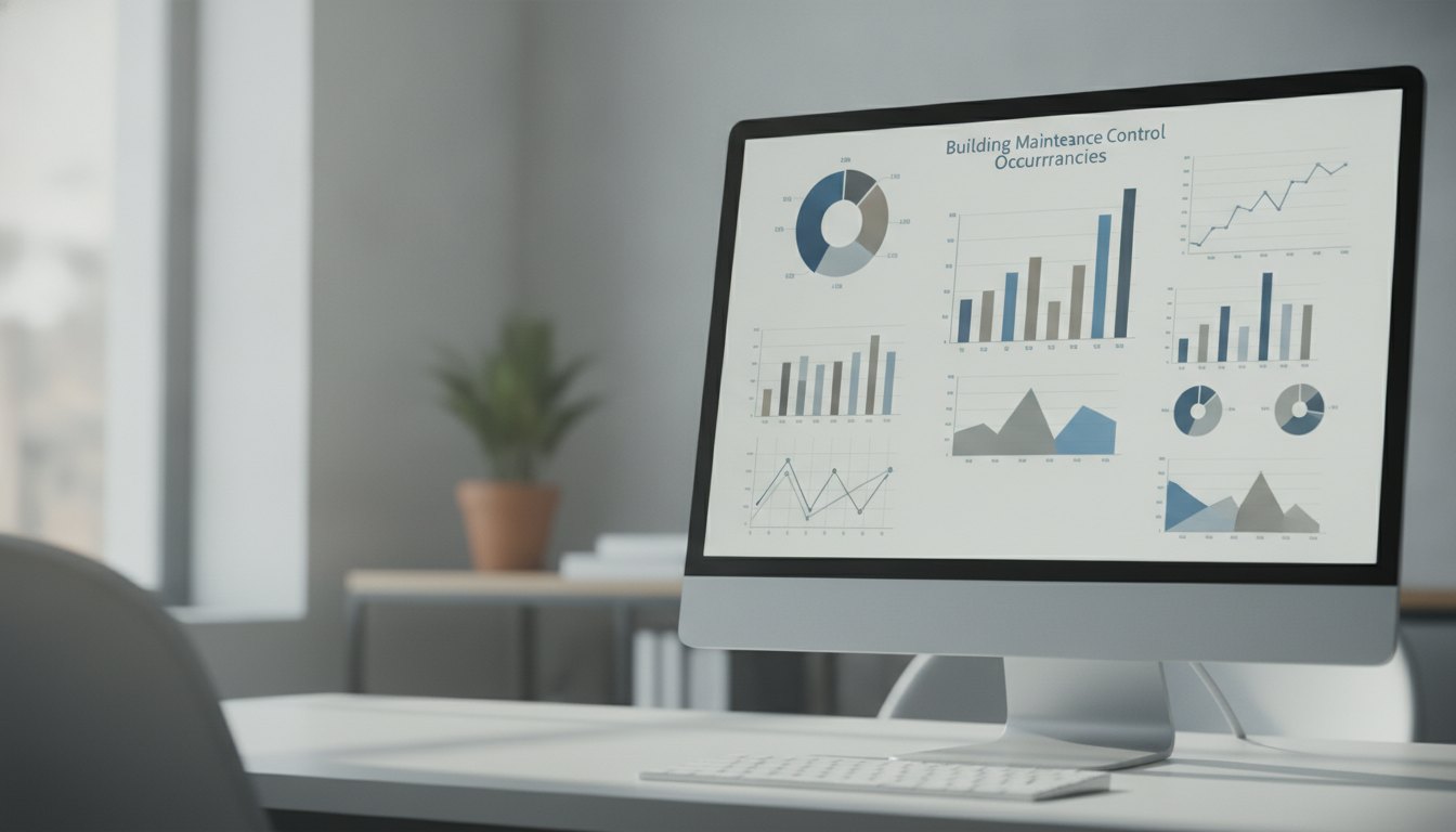 Tela de computador exibindo um painel de controle de manutenção predial com gráficos de ocorrências.