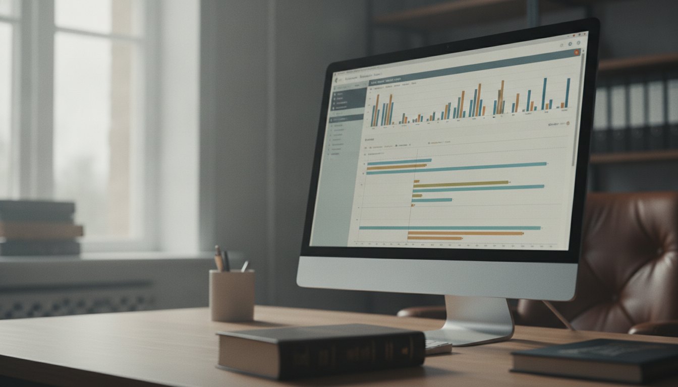 Monitor de computador exibindo um painel de software com gráficos e cronogramas detalhados.