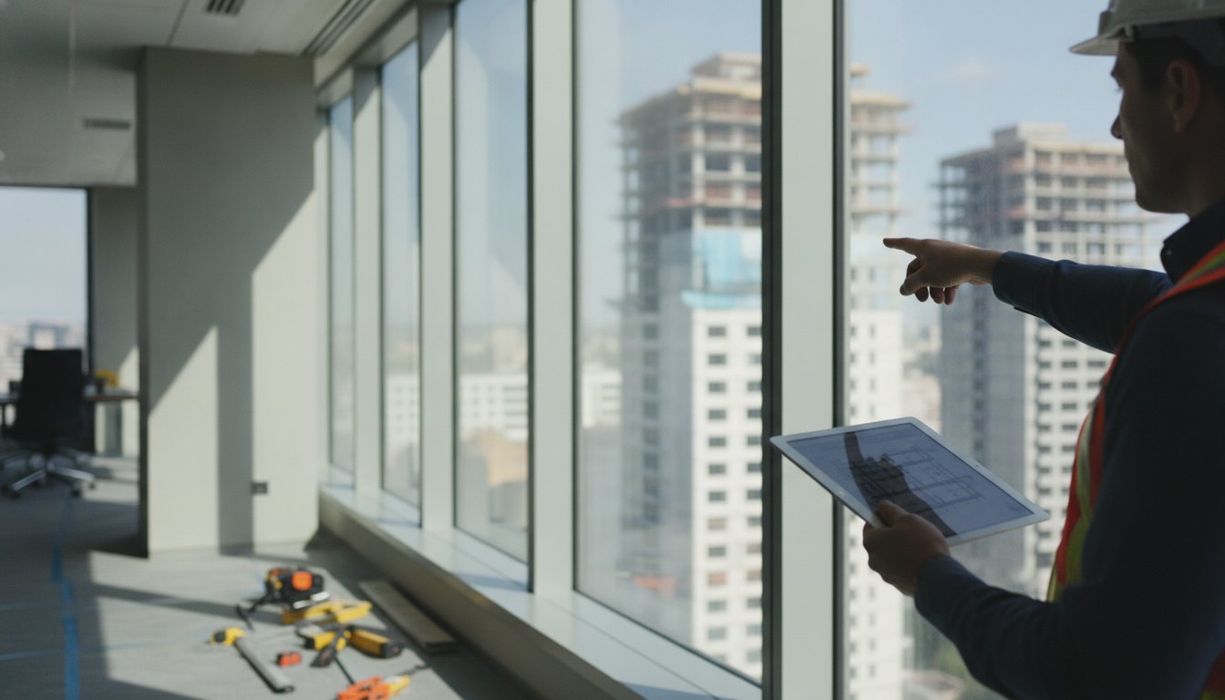 Profissional com tablet apontando para janela de andar alto em edifício corporativo durante vistoria técnica.