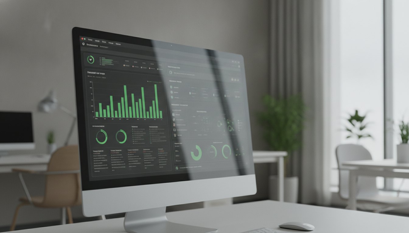 Tela de computador exibindo gráficos de barras verdes e painéis de controle em um escritório.
