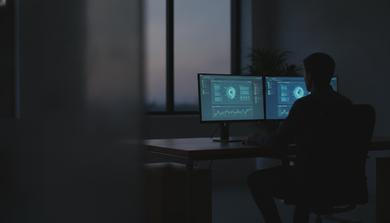 Mulher trabalhando em frente a dois monitores de computador iluminados em um escritório escuro.