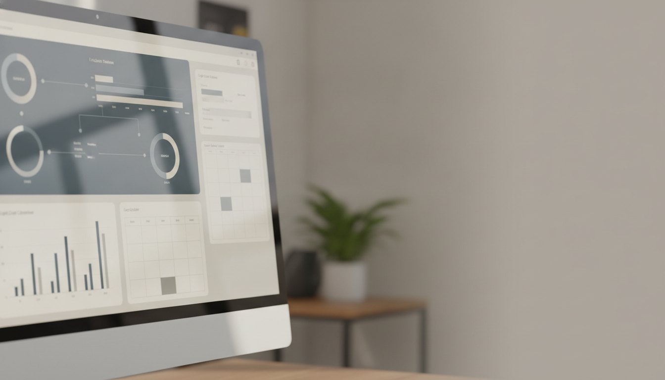 Tela de computador exibindo um painel de software corporativo com gráficos e calendários de prazos jurídicos.