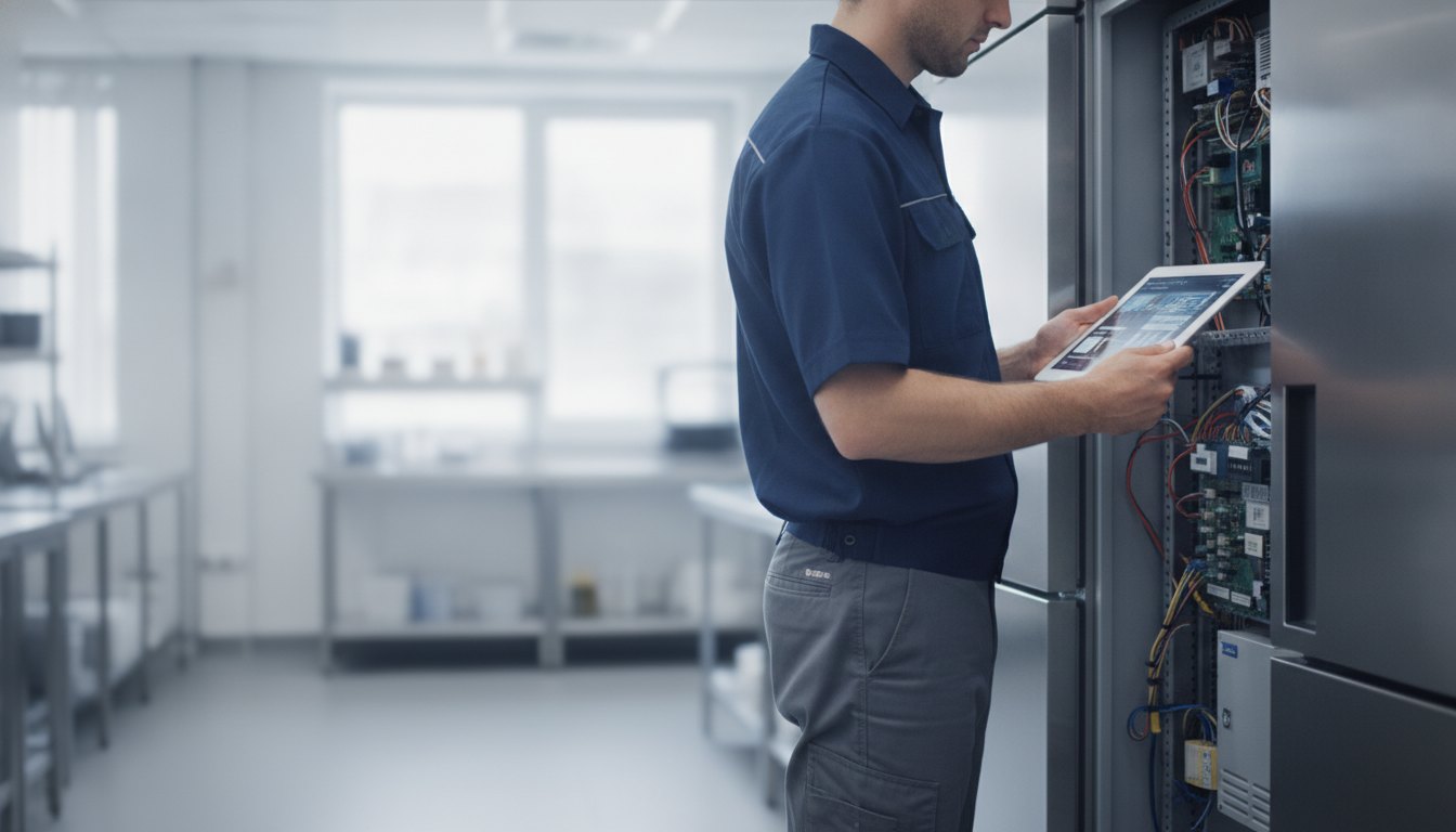 Homem uniformizado examina o painel de um refrigerador comercial com um tablet nas mãos.