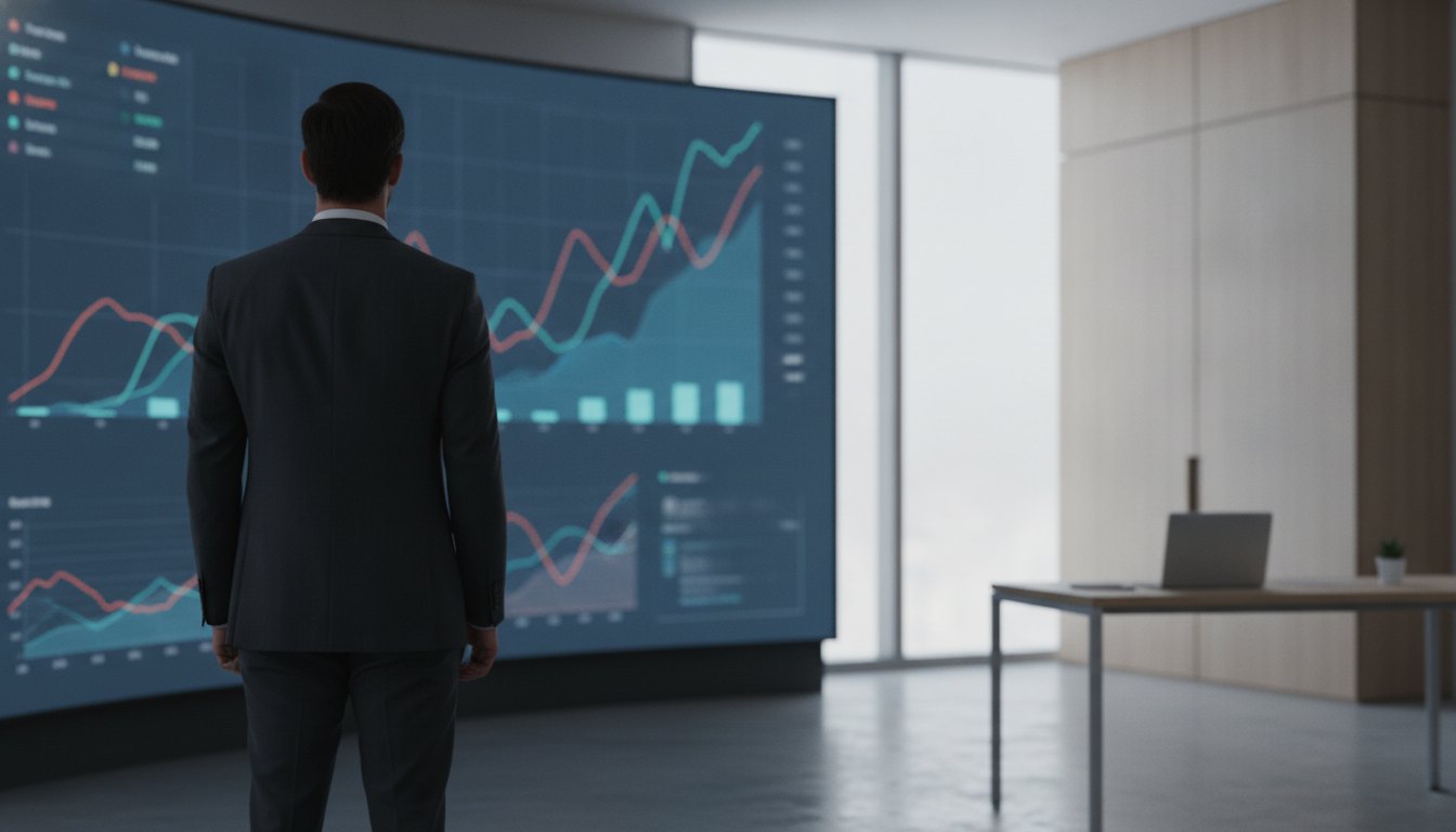 Homem de terno em frente a um computador analisando gráficos em uma tela grande.