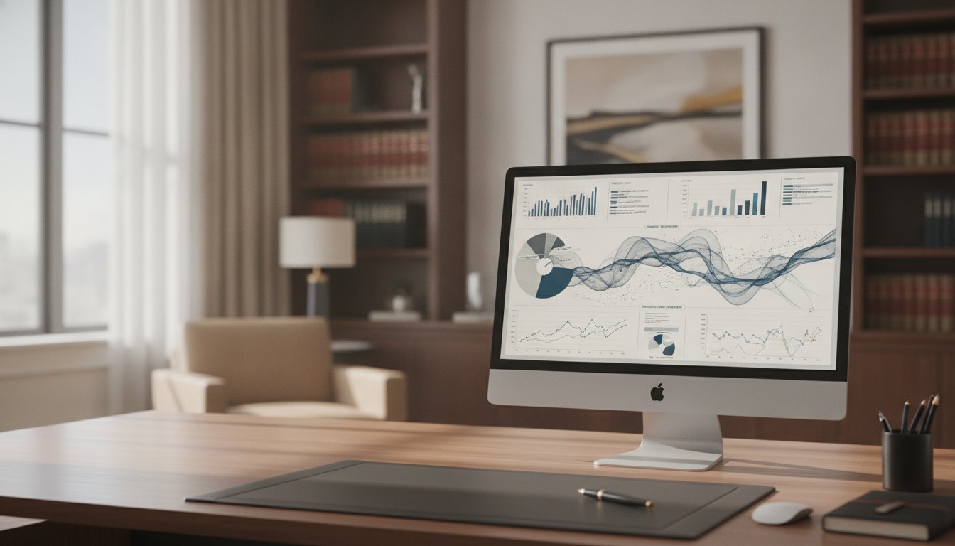 Monitor de computador exibindo gráficos e relatórios de um sistema corporativo em um escritório iluminado.