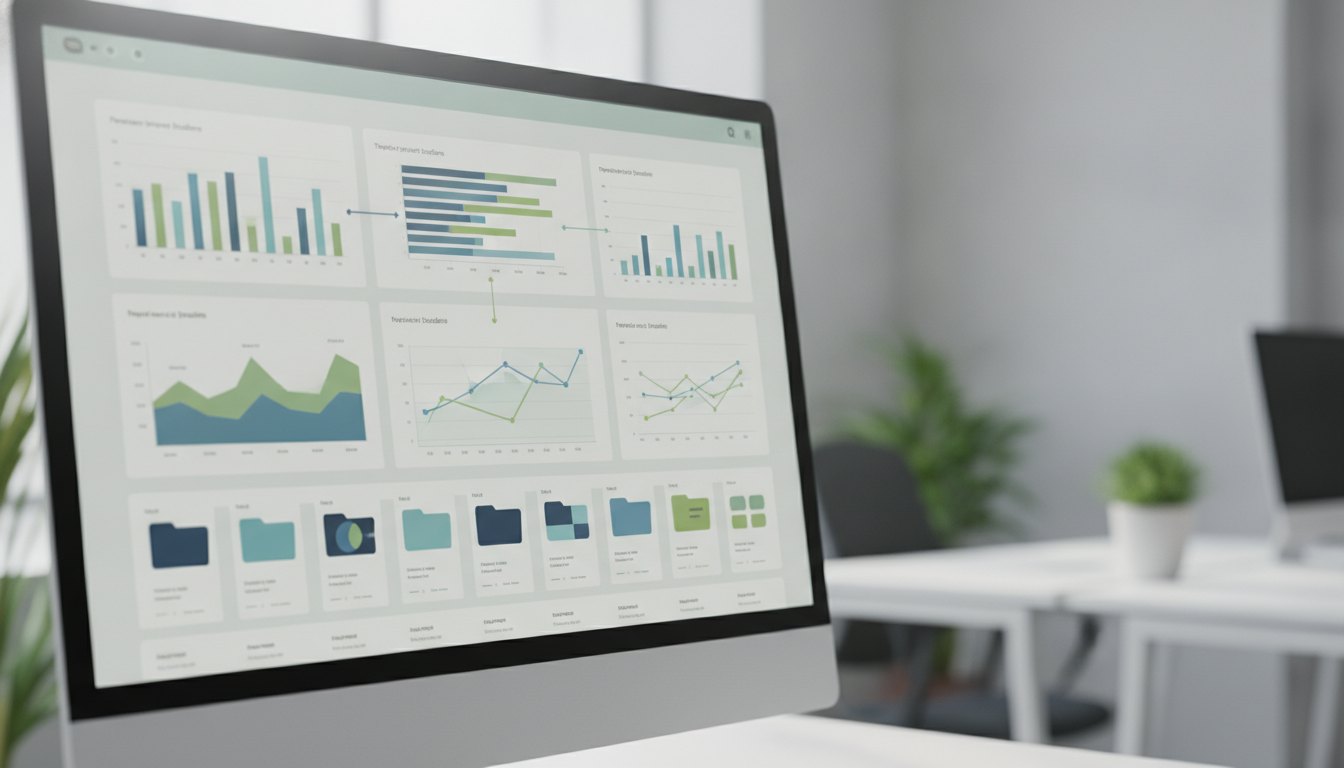 Tela de computador exibindo um painel com gráficos de prazos e pastas digitais organizadas.
