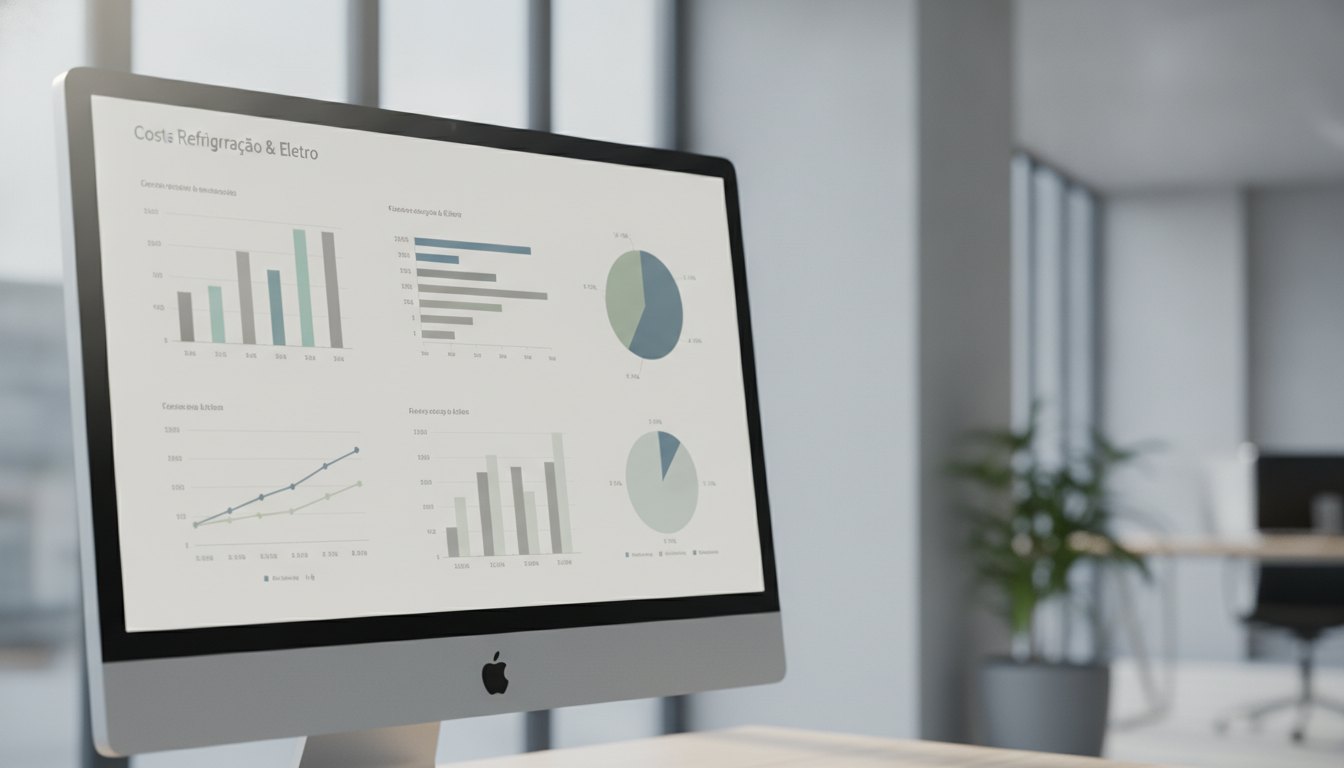 Tela de computador exibindo um painel de software com gráficos de custos de manutenção corporativa.