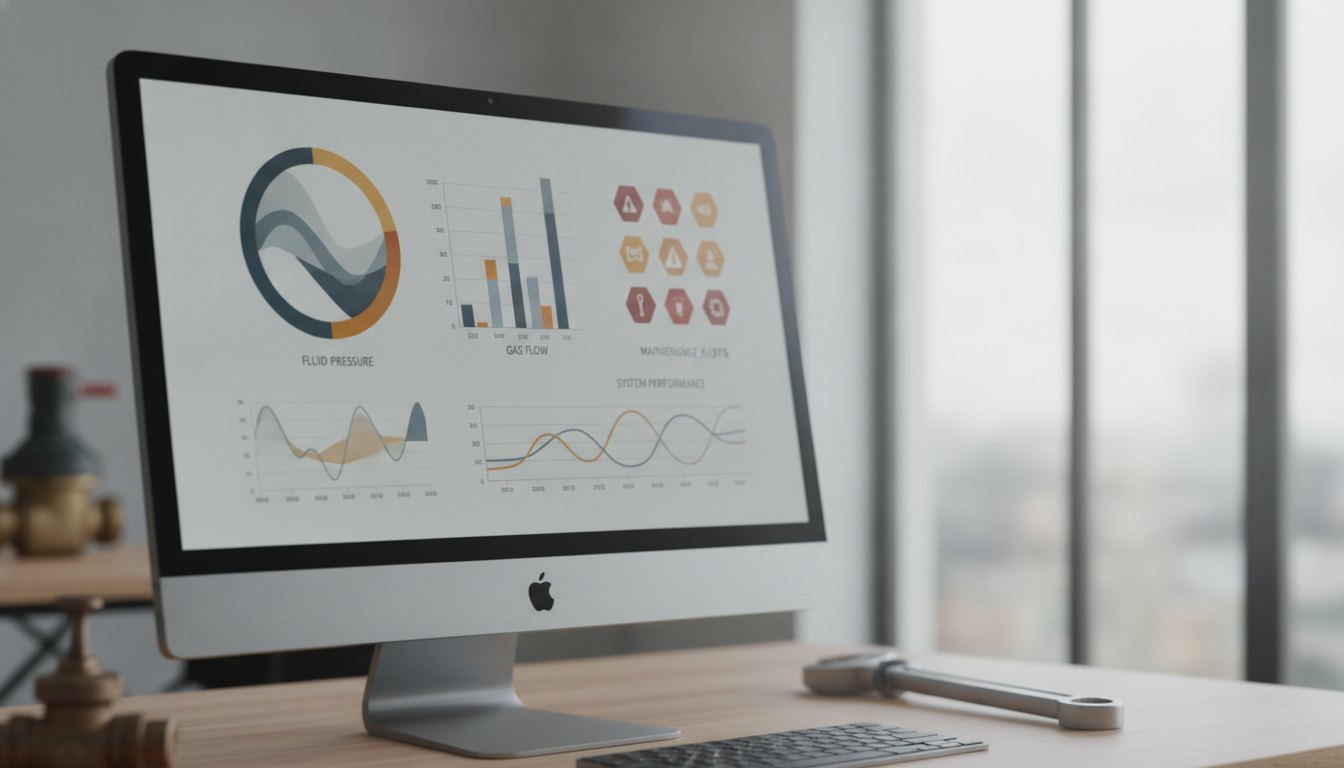Tela de computador exibindo um painel de software corporativo com gráficos e alertas de manutenção.
