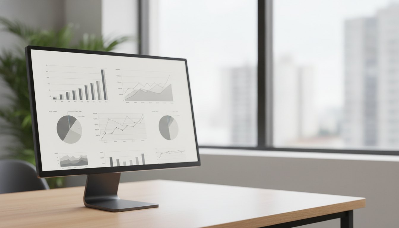 Tela de computador exibindo um painel de software corporativo com gráficos de desempenho de equipamentos.
