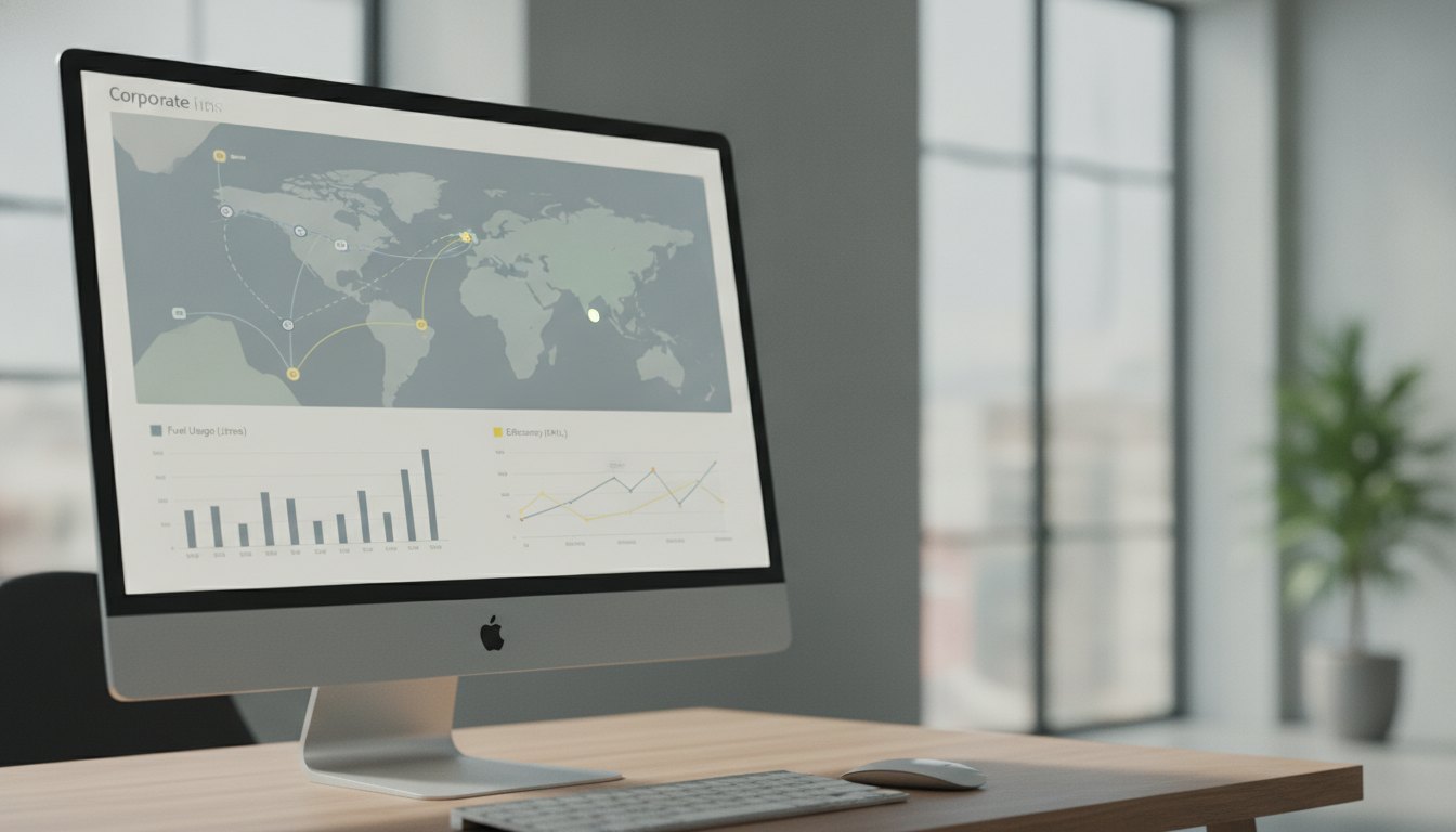 Tela de computador exibindo um painel com mapas de rotas e gráficos de consumo de combustível.