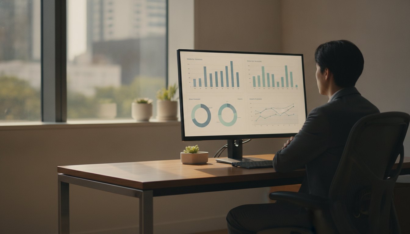 Mulher sentada em escritório analisando gráficos na tela de um computador.