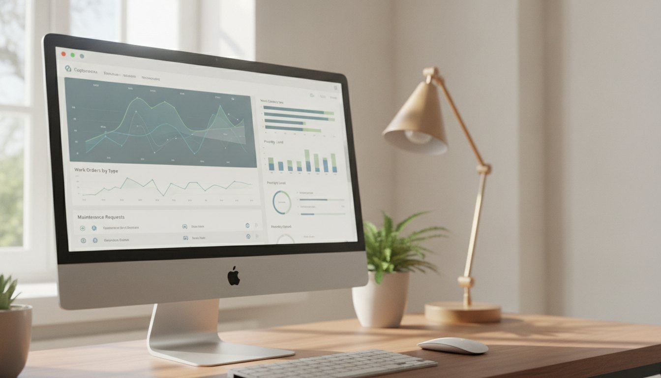 Tela de computador exibindo um painel de software corporativo com gráficos e listas de chamados de manutenção