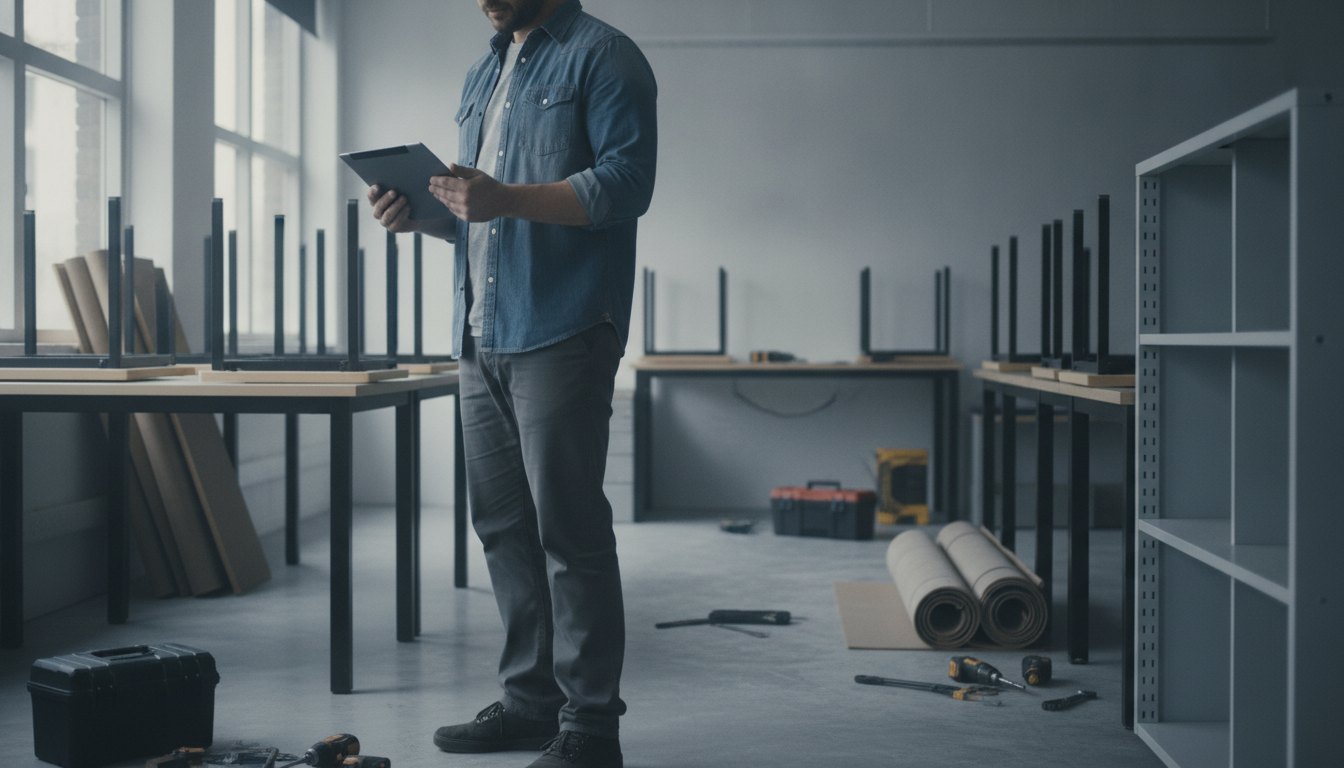 Homem segurando tablet em um escritório corporativo vazio com móveis desmontados e ferramentas de trabalho.
