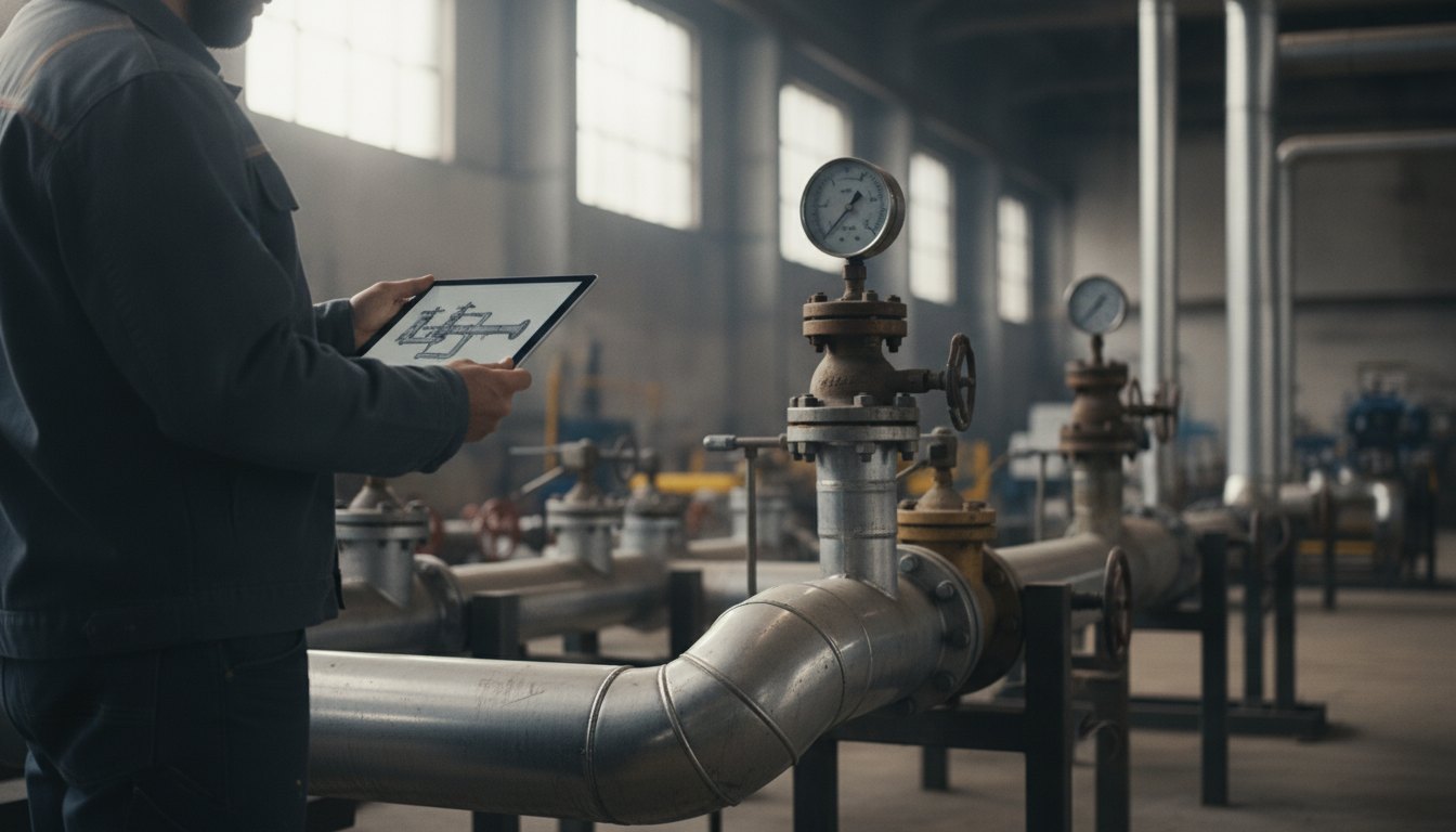 Homem com tablet inspecionando uma tubulação industrial com vários registros metálicos.