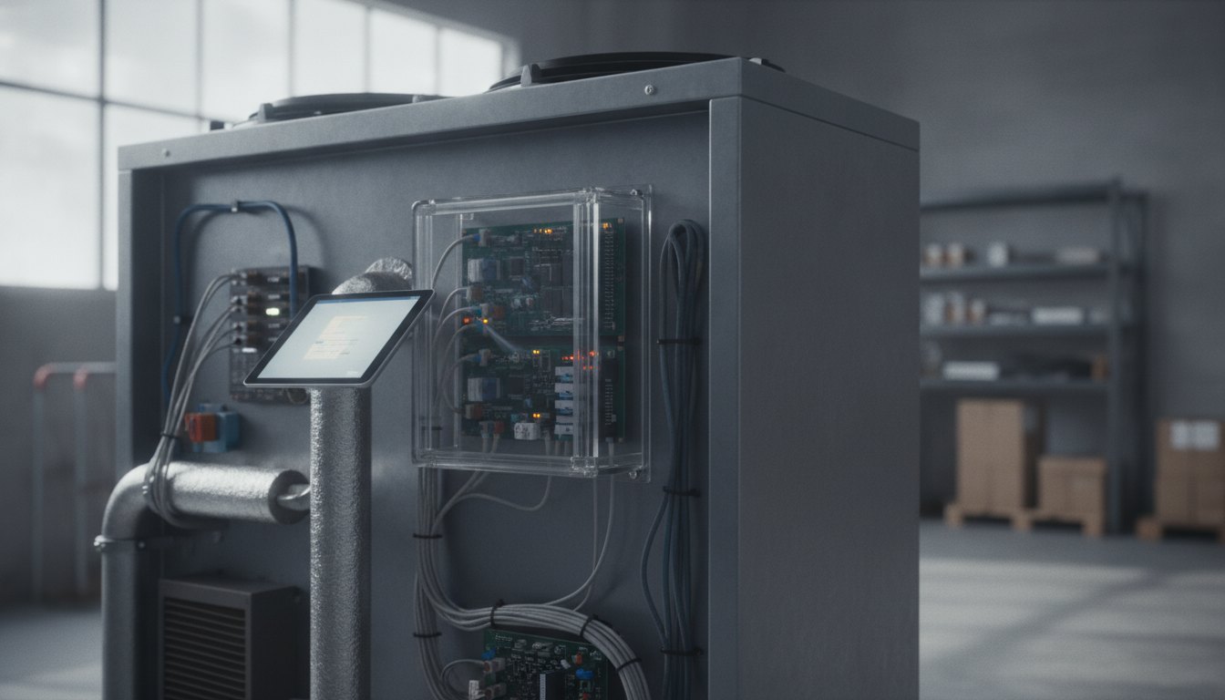 Profissional inspeciona painel traseiro de equipamento de refrigeração industrial com um tablet na mão.