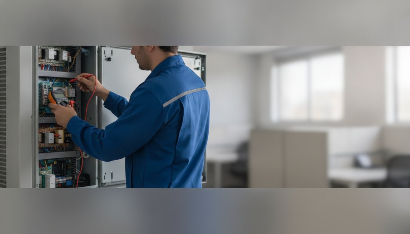 Técnico de uniforme azul inspeciona o painel elétrico de um ar-condicionado corporativo com multímetro.