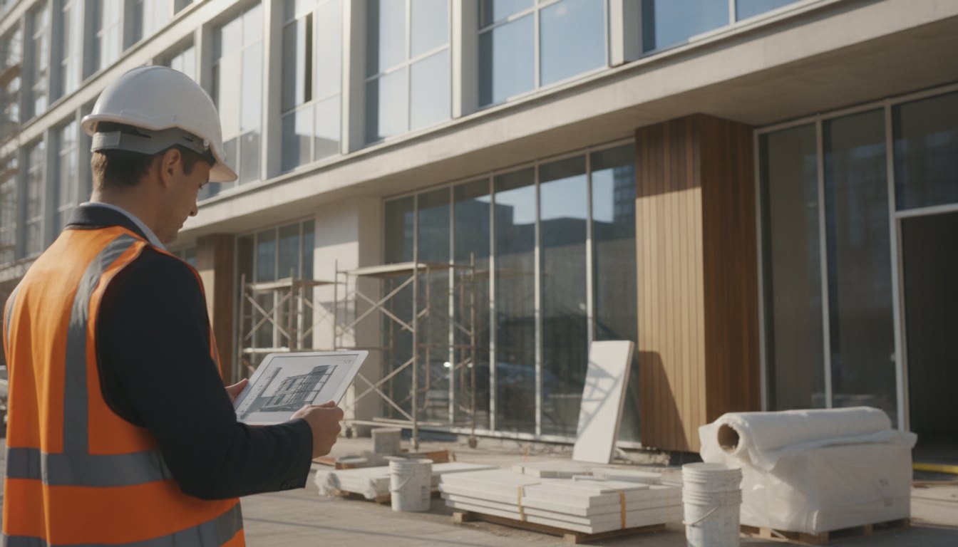 Engenheiro usando tablet com projeto em frente a uma fachada corporativa em obras de acabamento.