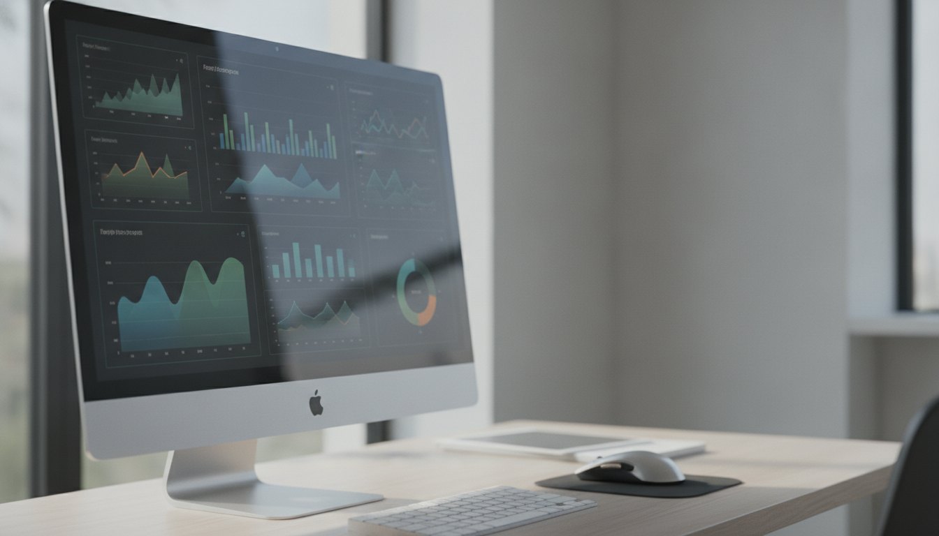 Tela de computador exibindo painéis gráficos com indicadores de desempenho e projeções de dados empresariais.