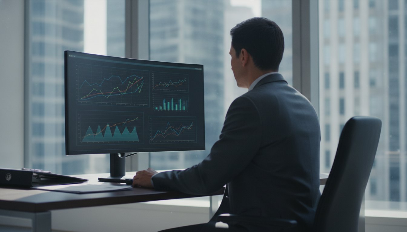 Homem de terno analisando gráficos em um monitor de computador em ambiente de escritório corporativo.