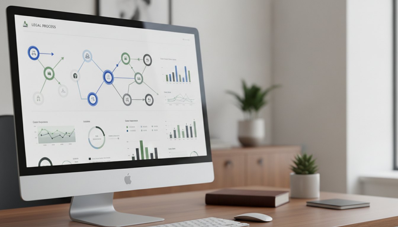 Tela de computador exibindo um painel de software com gráficos de processos jurídicos corporativos.