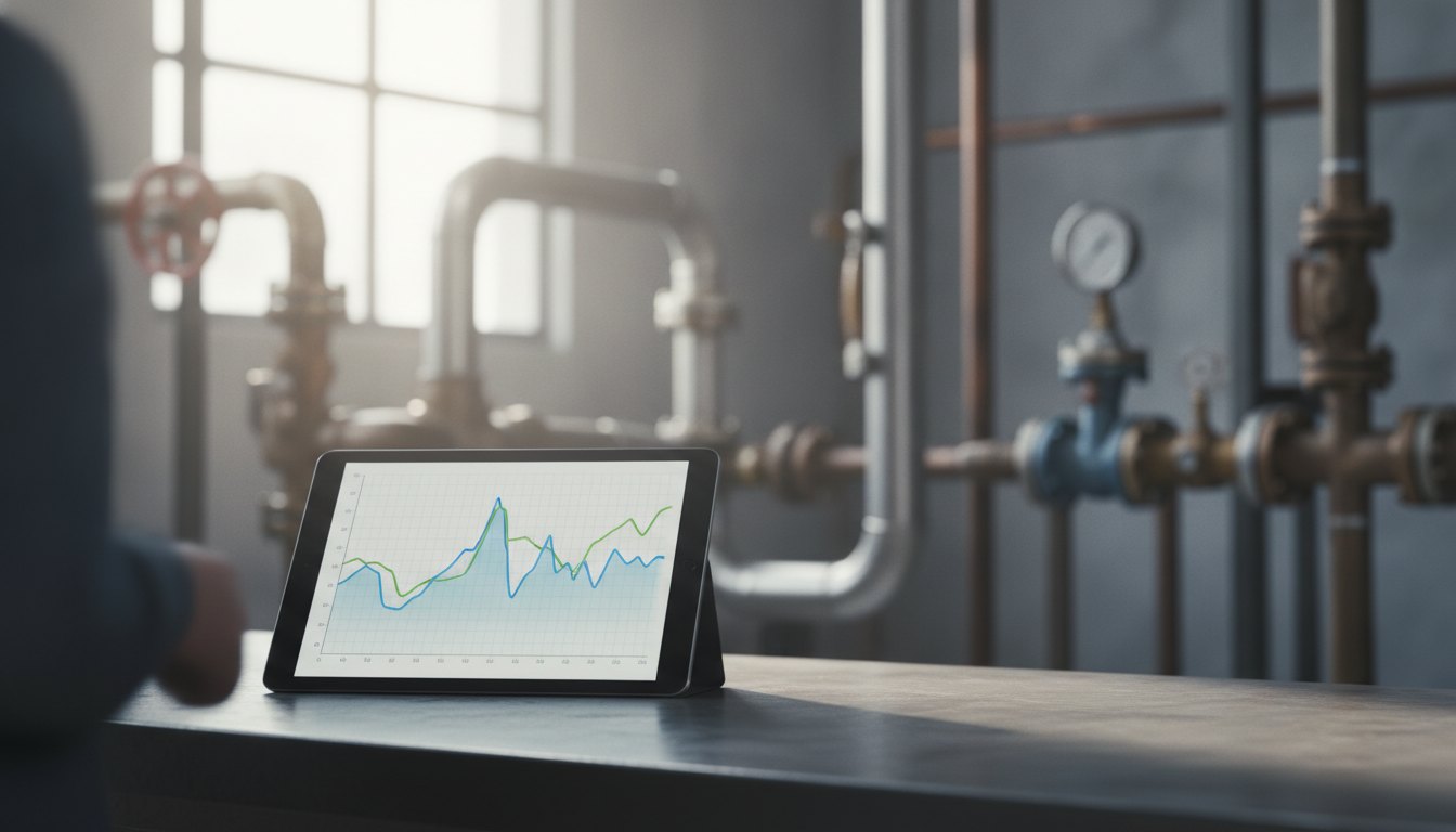 Gestor analisa gráfico de consumo de água em um tablet próximo a uma tubulação industrial.