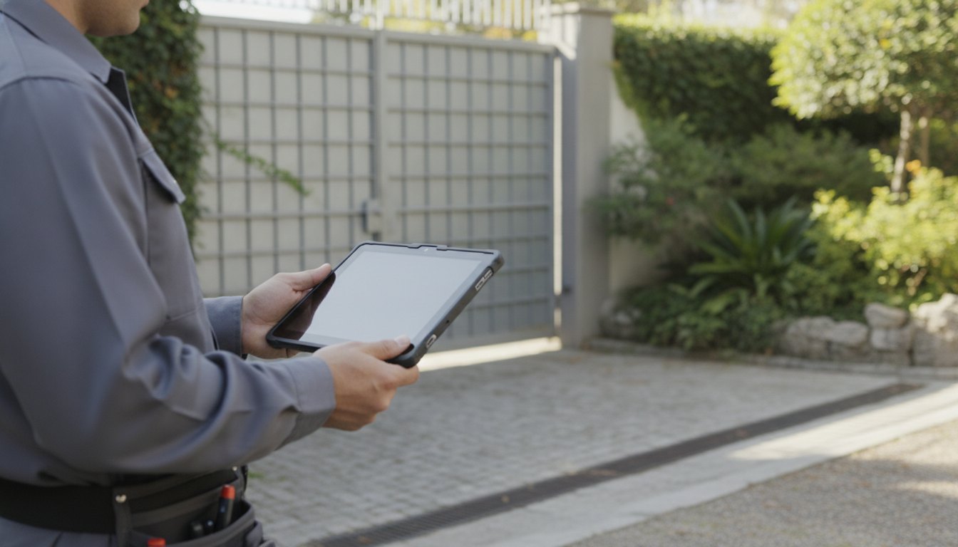 Profissional de manutenção utilizando um tablet corporativo em frente a um portão metálico e área verde.